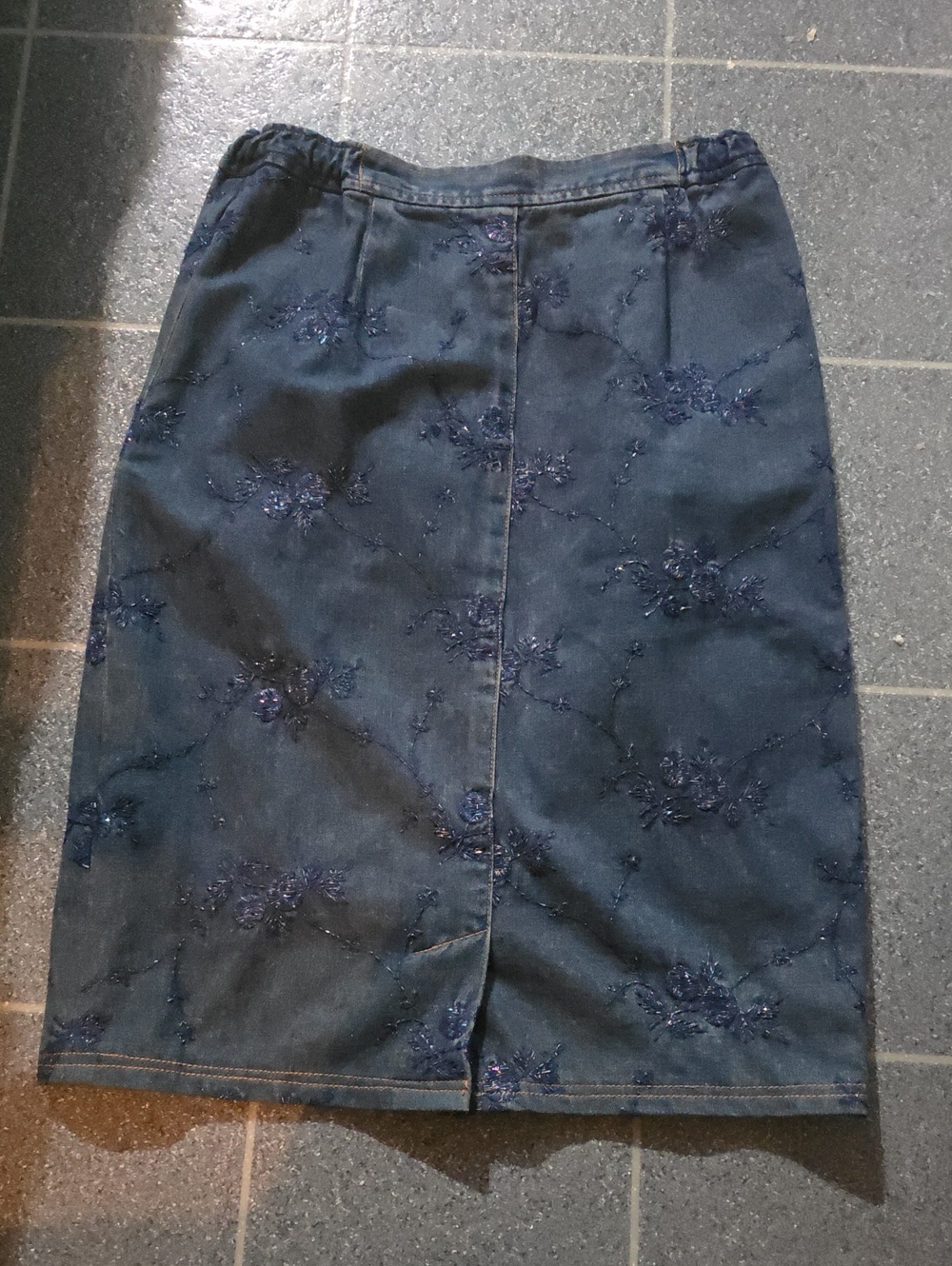 Embroidered Navy Denim Pencil Skirt